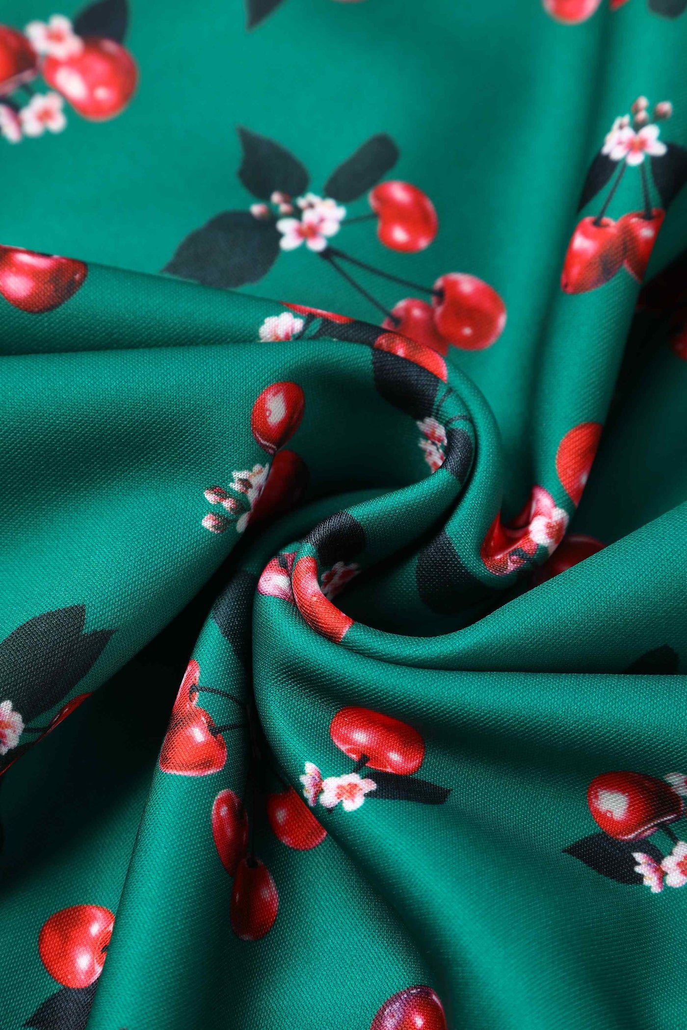 Close up View of Retro Cherry Emerald Green Midi Dress