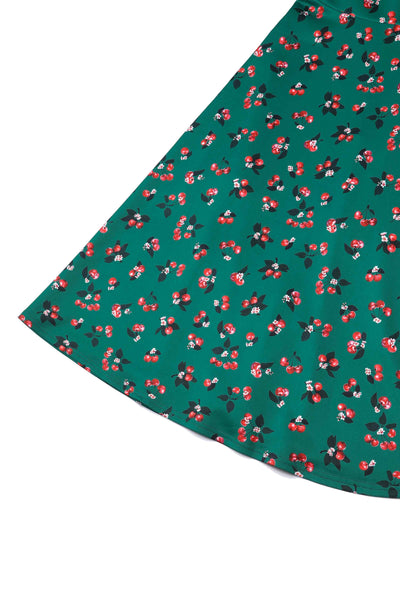 Close up View of Retro Cherry Emerald Green Midi Dress