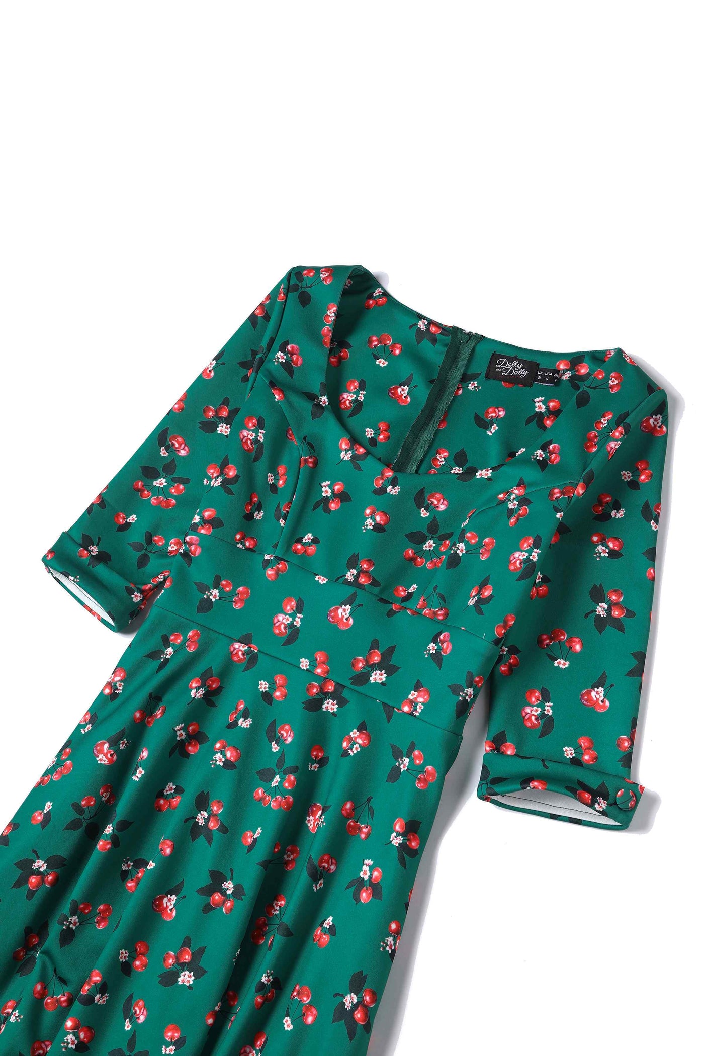 Close up View of Retro Cherry Emerald Green Midi Dress