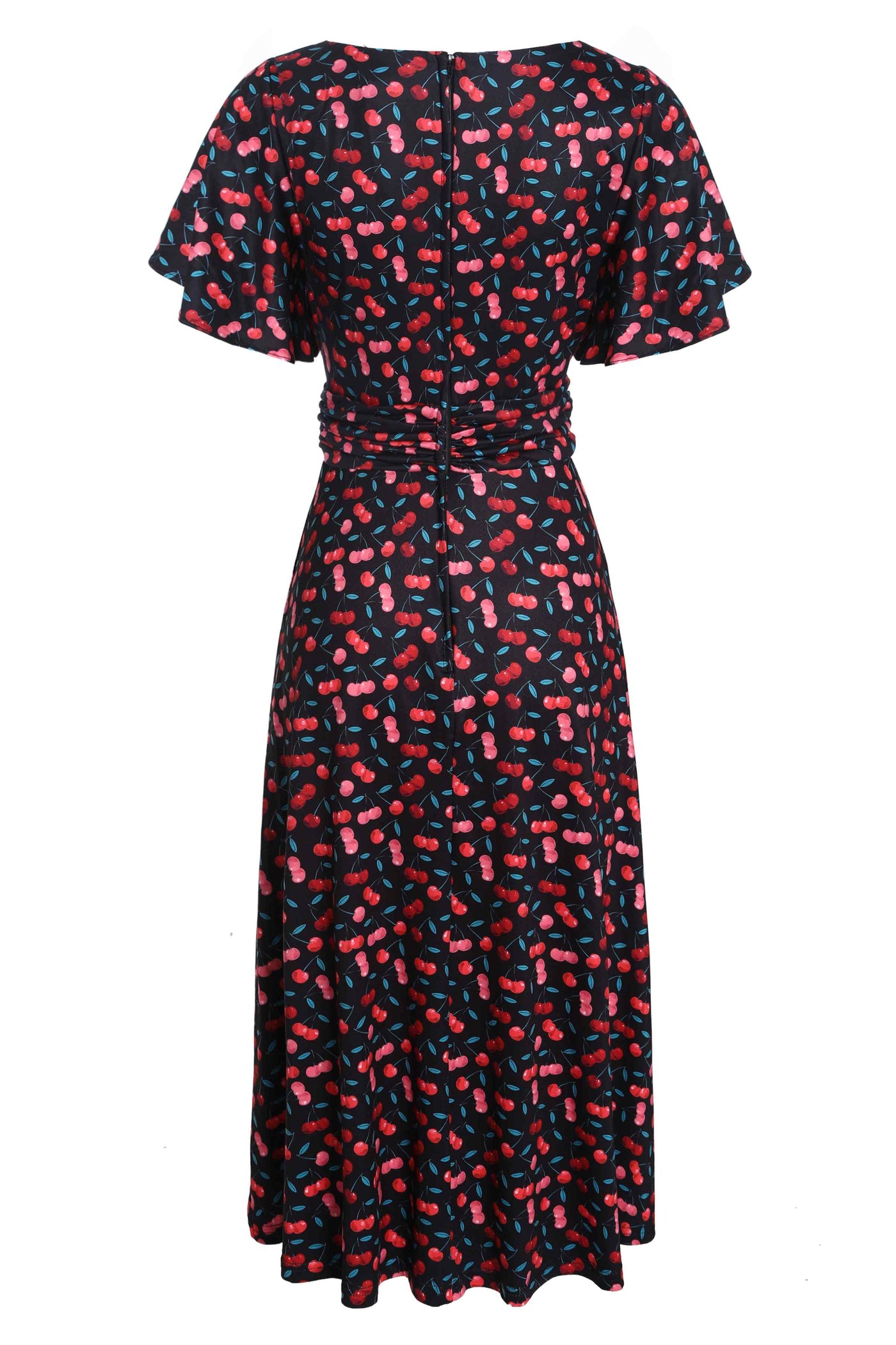 Back View of Retro Cherry Print Crossover Bust Dress in Black
