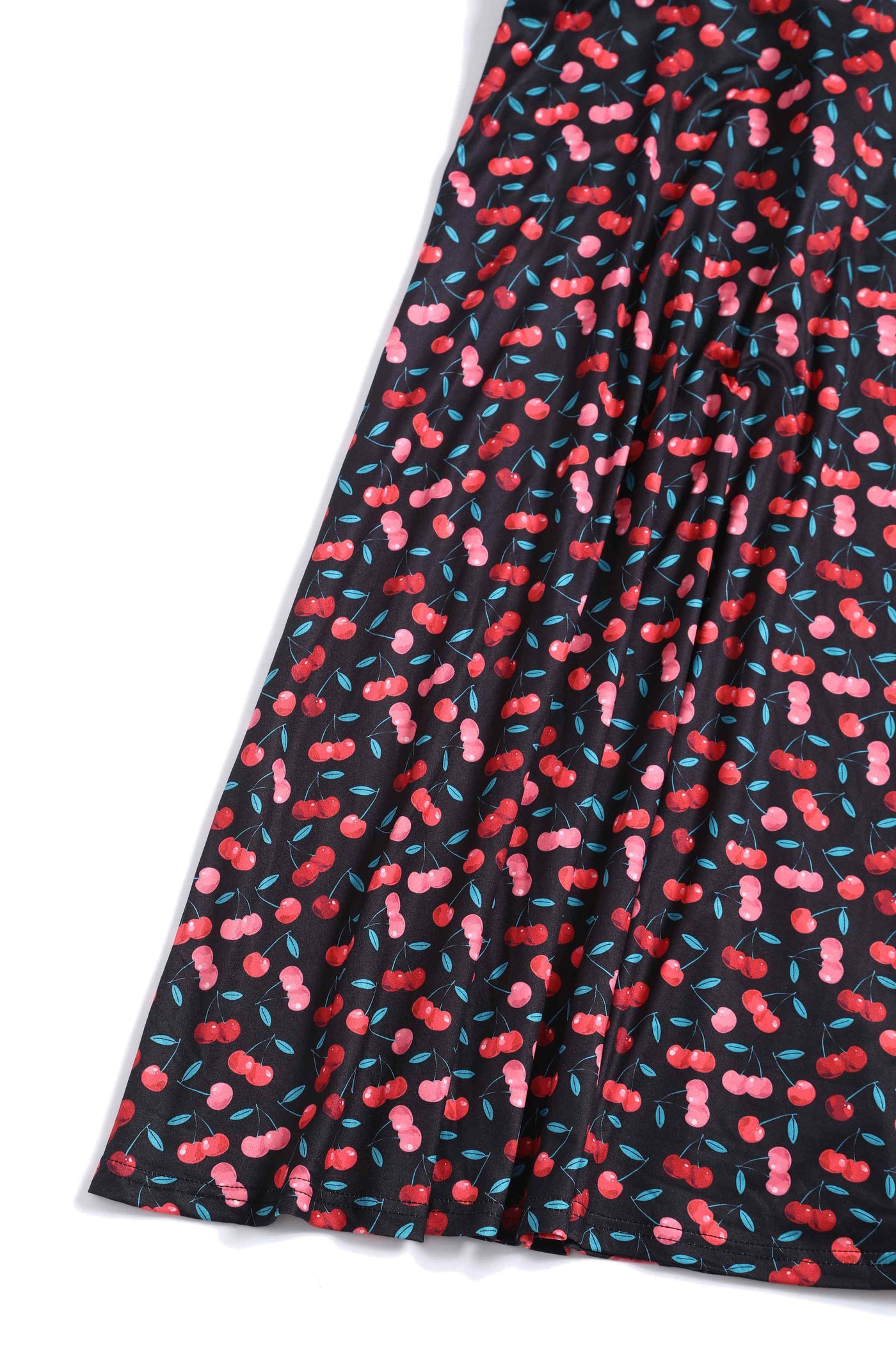 Close up View of Retro Cherry Print Crossover Bust Dress in Black