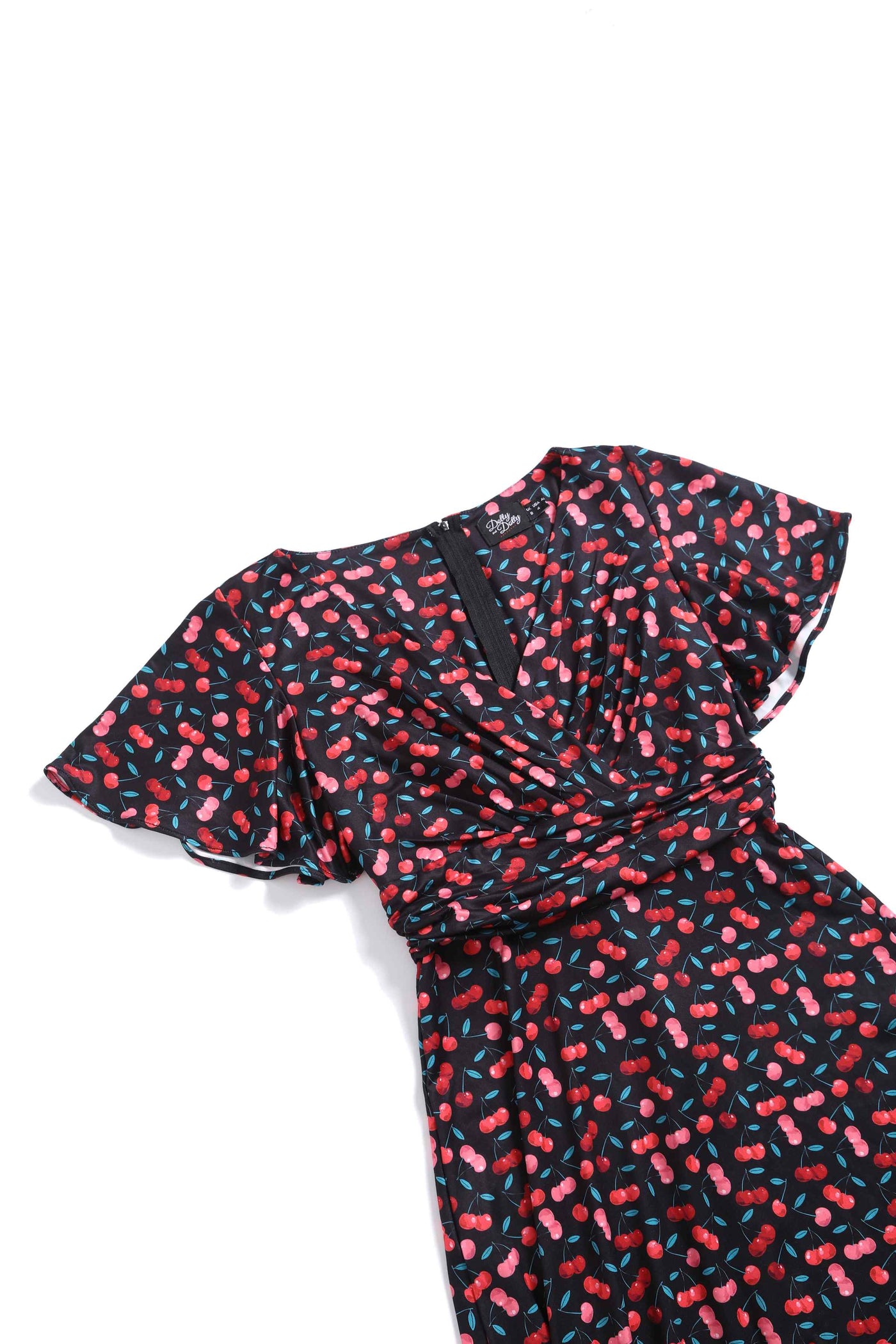 Close up View of Retro Cherry Print Crossover Bust Dress in Black