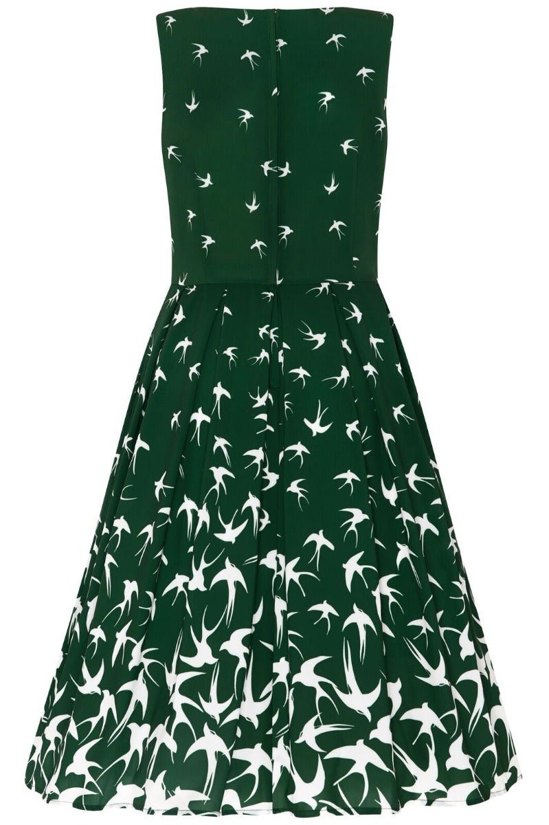 Classic Swing Dress in Green with Birds Print
