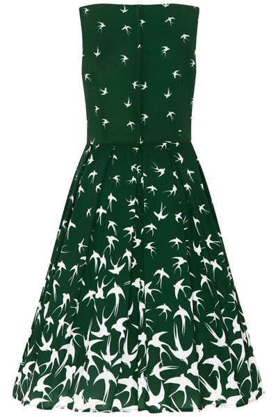 Classic Swing Dress in Green with Birds Print
