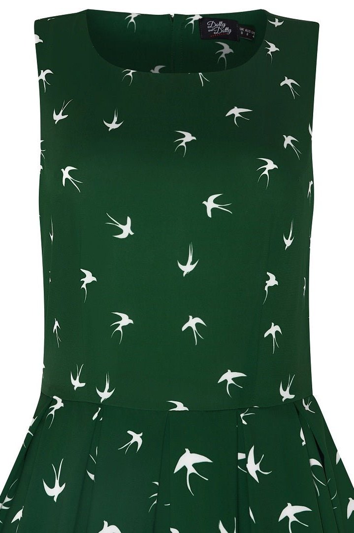 Classic Swing Dress in Green with Birds Print
