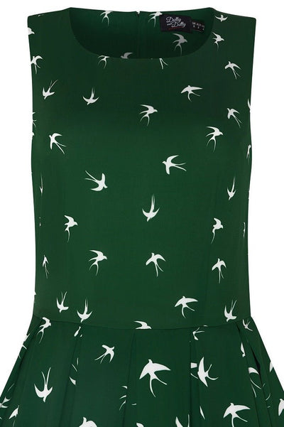 Classic Swing Dress in Green with Birds Print
