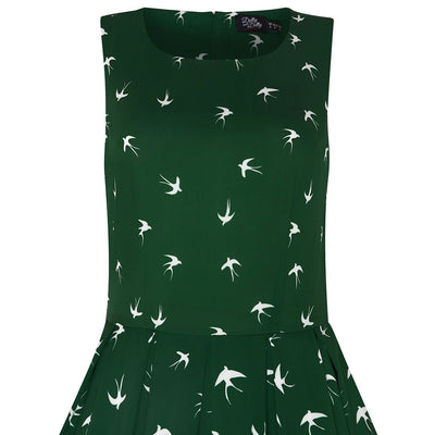 Classic Swing Dress in Green with Birds Print
