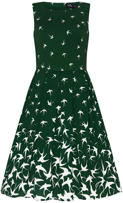 Classic Swing Dress in Green with Birds Print
