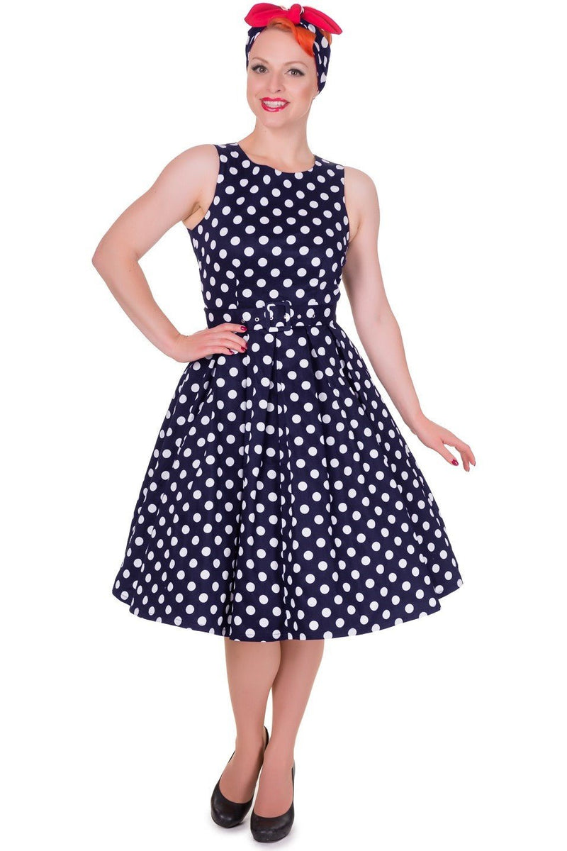 Retro Swing Dress in Navy Blue and White Dots