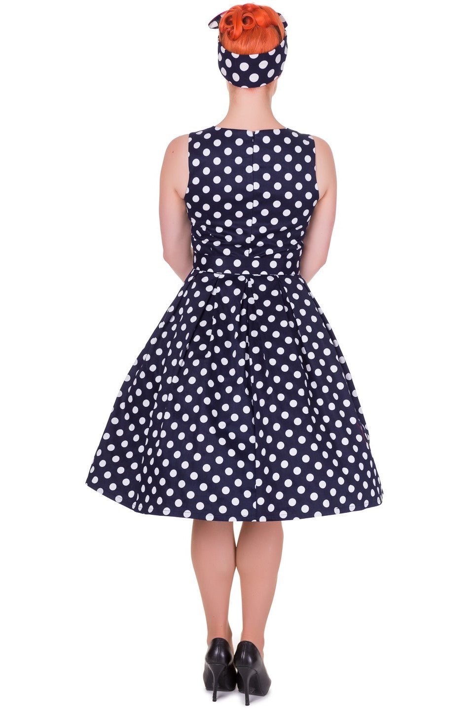 Retro Swing Dress in Navy Blue and White Dots