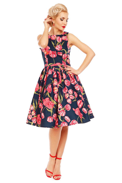 Retro Tulip Floral Swing Dress in Blue-Pink