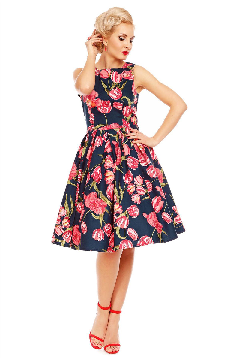 Retro Tulip Floral Swing Dress in Blue-Pink