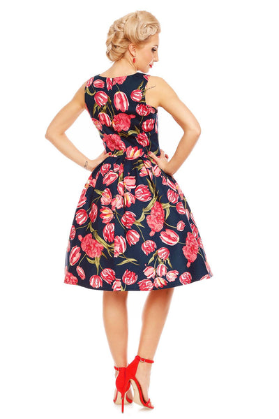Retro Tulip Floral Swing Dress in Blue-Pink