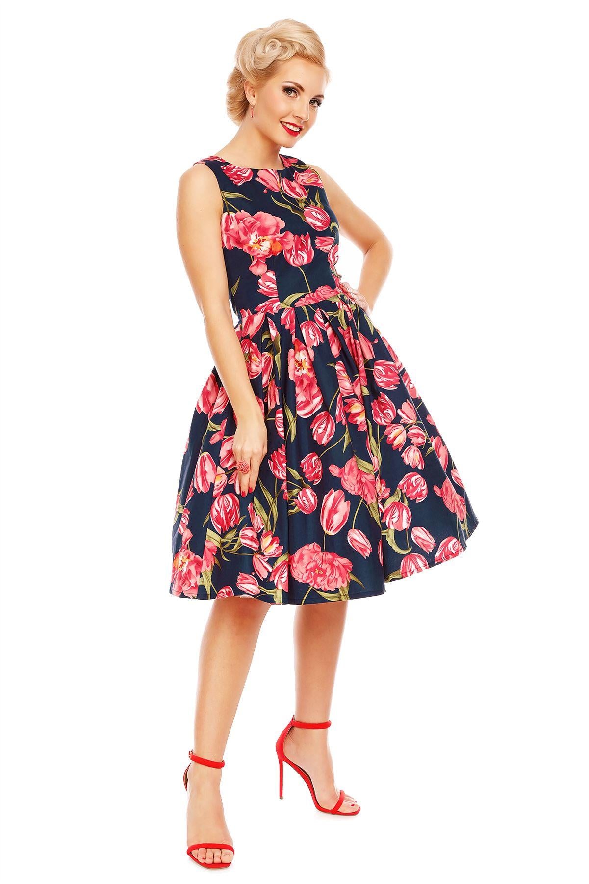 Retro Tulip Floral Swing Dress in Blue-Pink
