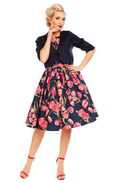 Retro Tulip Floral Swing Dress in Blue-Pink