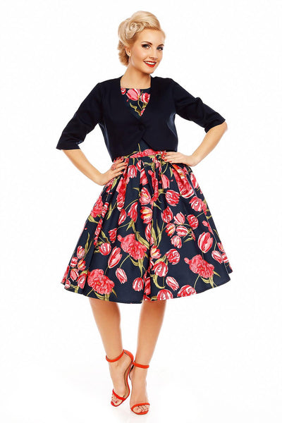 Retro Tulip Floral Swing Dress in Blue-Pink