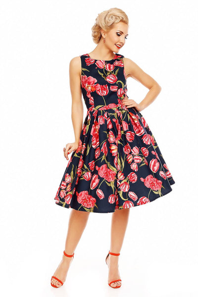 Retro Tulip Floral Swing Dress in Blue-Pink