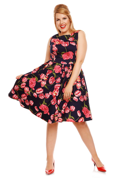 Retro Tulip Floral Swing Dress in Blue-Pink
