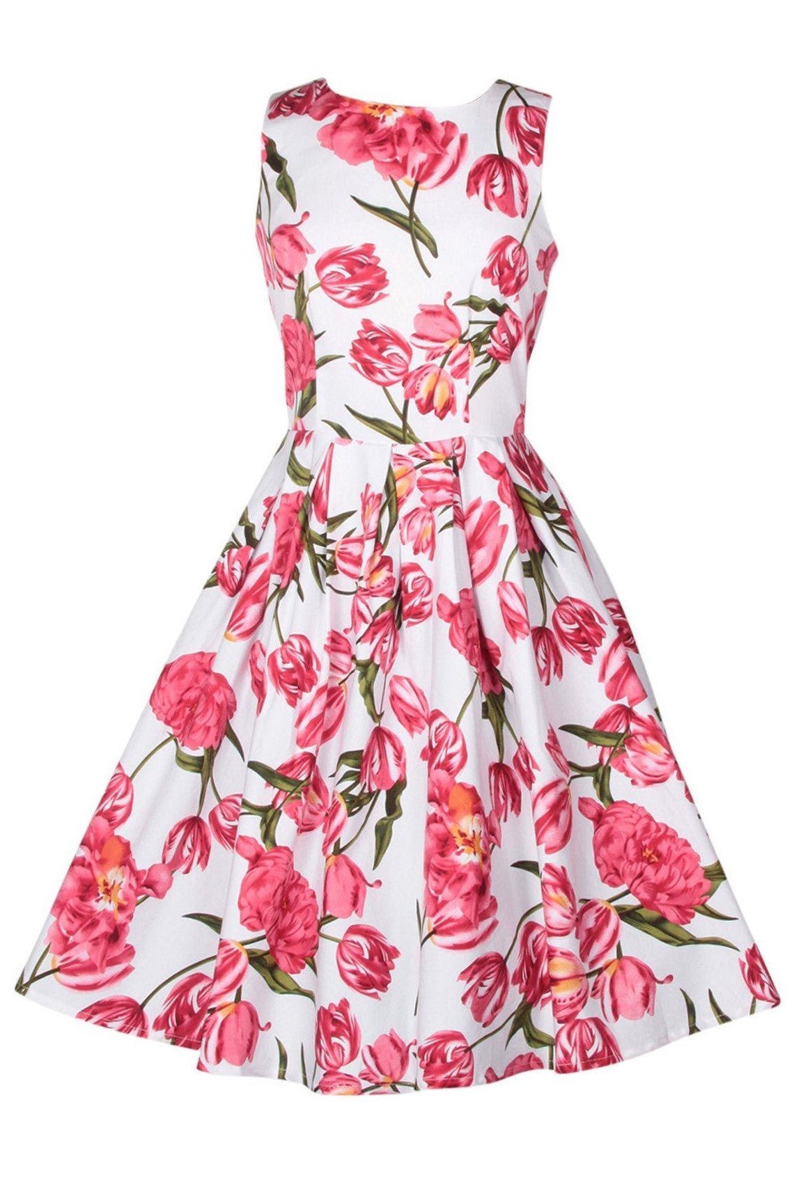 Retro Tulip Floral Swing Dress in White-Pink