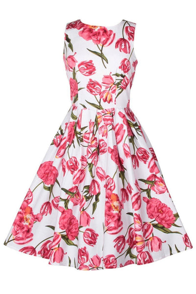 Retro Tulip Floral Swing Dress in White-Pink