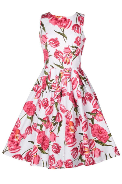 Retro Tulip Floral Swing Dress in White-Pink