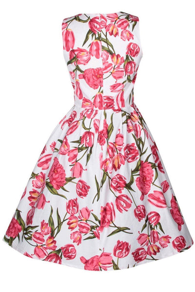 Retro Tulip Floral Swing Dress in White-Pink