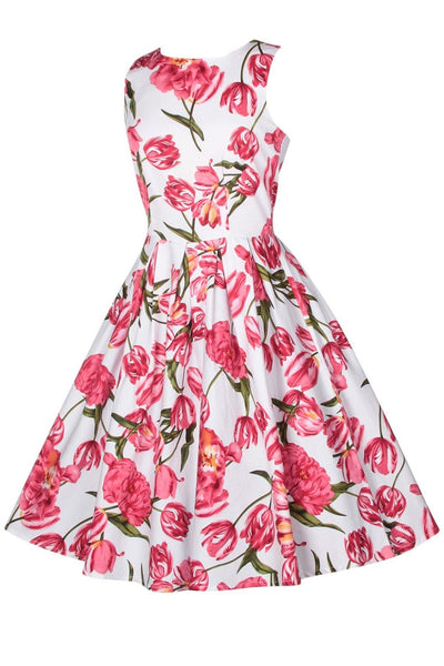 Retro Tulip Floral Swing Dress in White-Pink
