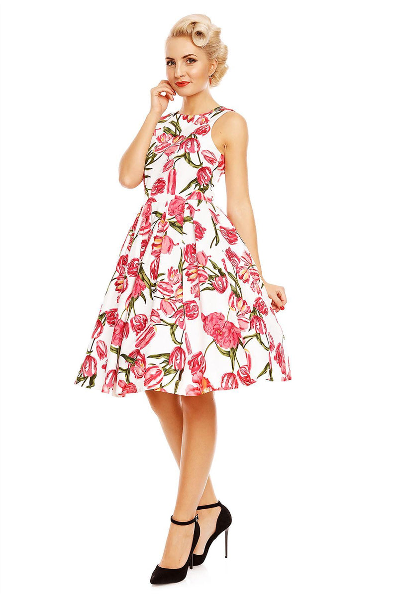 Retro Tulip Floral Swing Dress in White-Pink