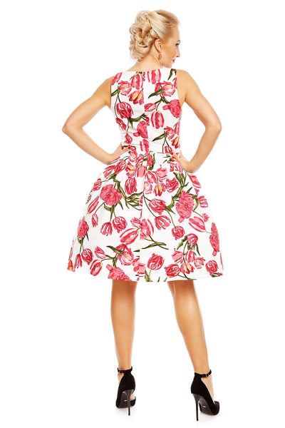 Retro Tulip Floral Swing Dress in White-Pink