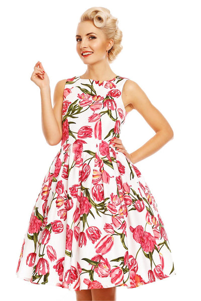 Retro Tulip Floral Swing Dress in White-Pink