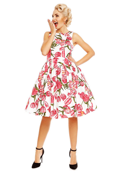 Retro Tulip Floral Swing Dress in White-Pink