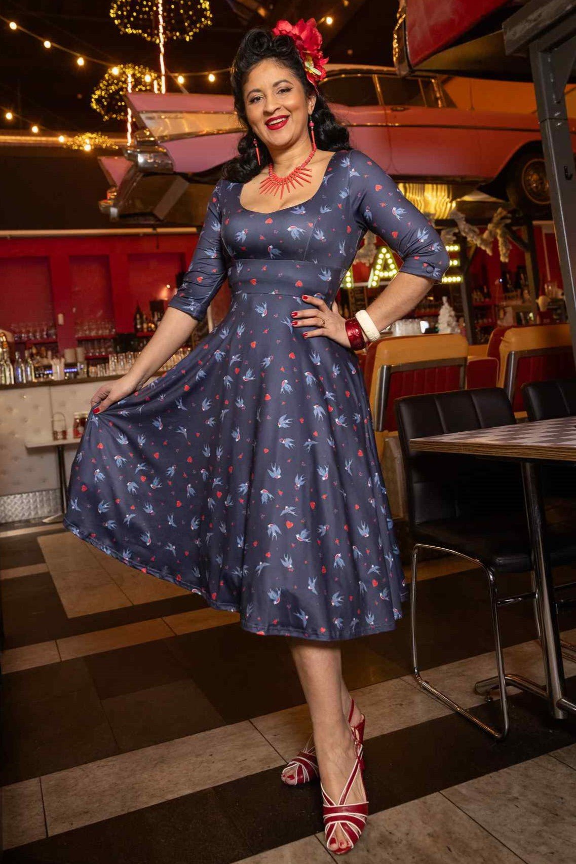 Rockabilly Navy Heart & Swallow Dress