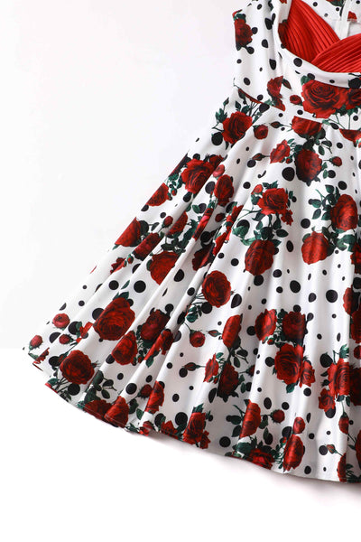 Rockabilly Red Rose Pleated Bust Dress
