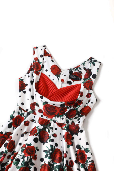 Rockabilly Red Rose Pleated Bust Dress