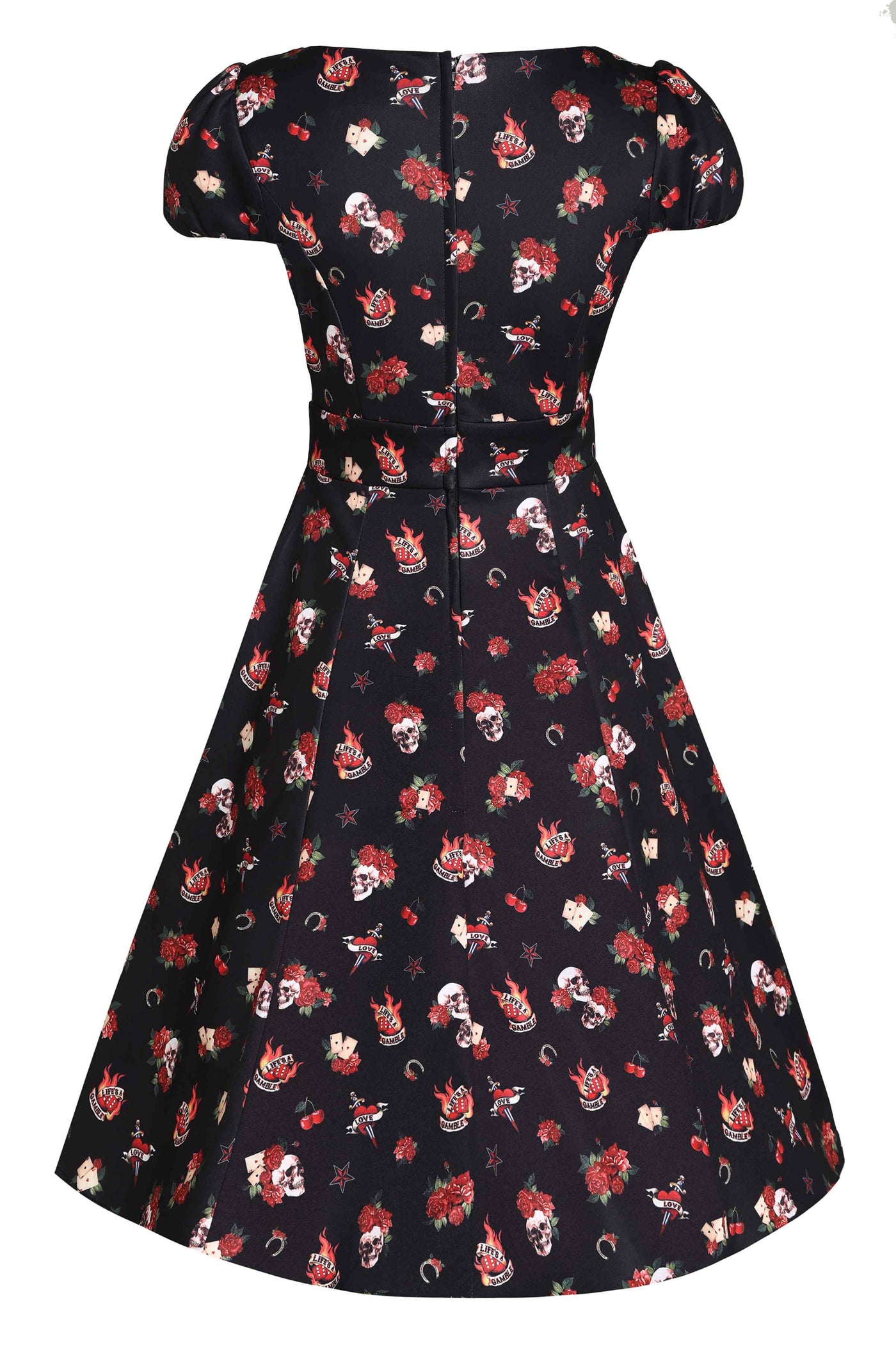 Back view of Rockabilly Skull and Rose Print Dress in Black