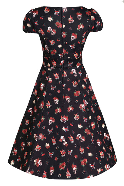 Back view of Rockabilly Skull and Rose Print Dress in Black