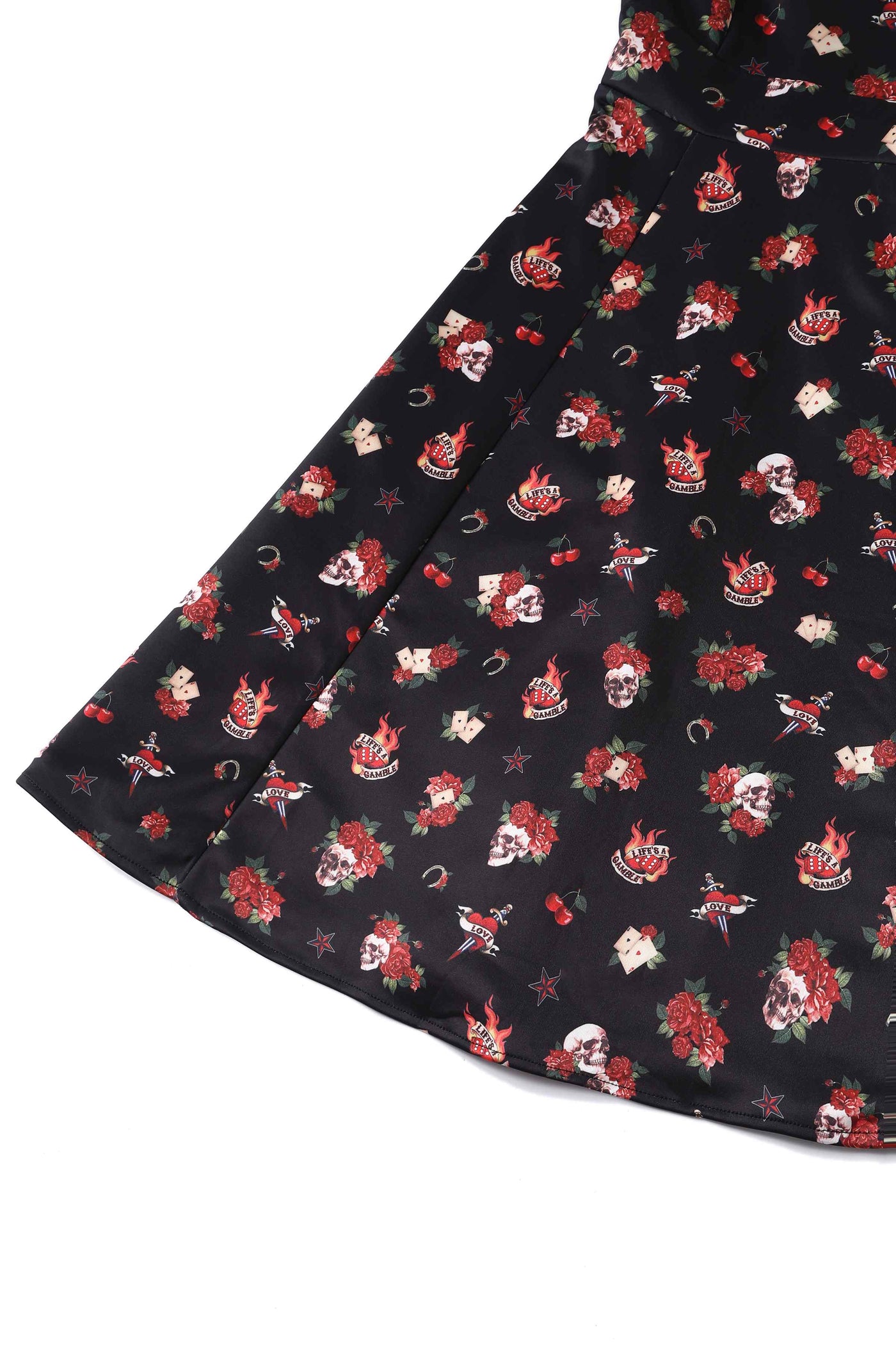 Close up view of Rockabilly Skull and Rose Print Dress in Black