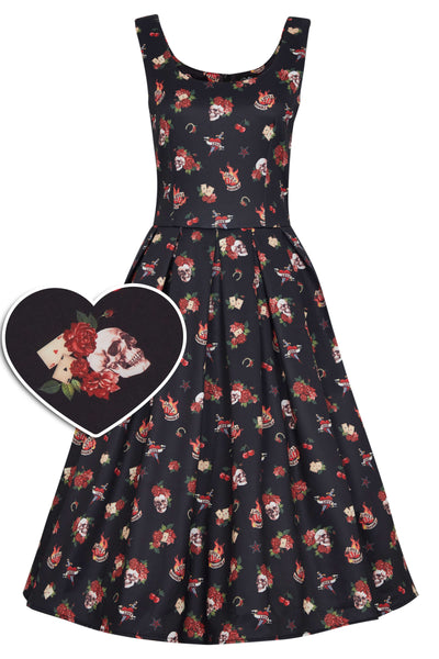 rockabilly-skull-rose-swing-dress-with-pockets-front-view