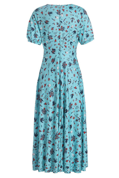 Blue Rockabilly Swallow Sleeved Dress