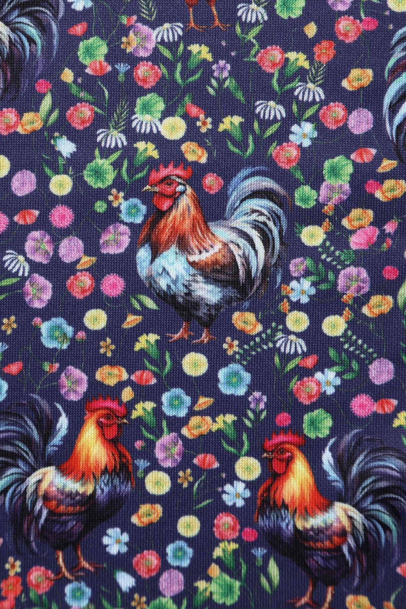 Close up view of Flared Dress in Purple Floral Rooster Print