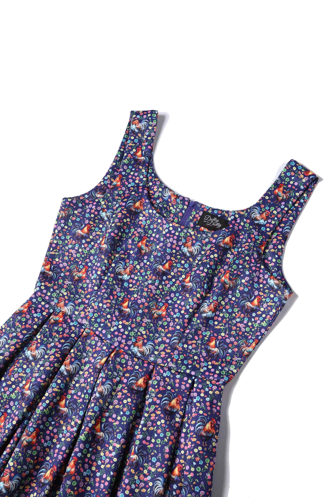 Close up view of Flared Dress in Purple Floral Rooster Print