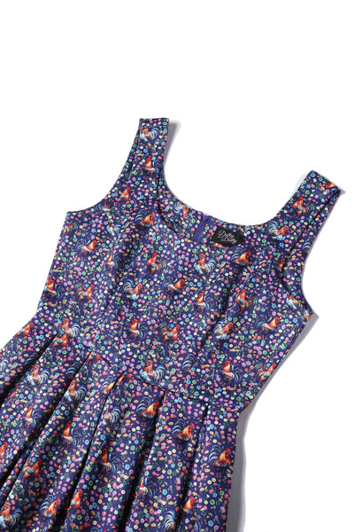 Close up view of Flared Dress in Purple Floral Rooster Print