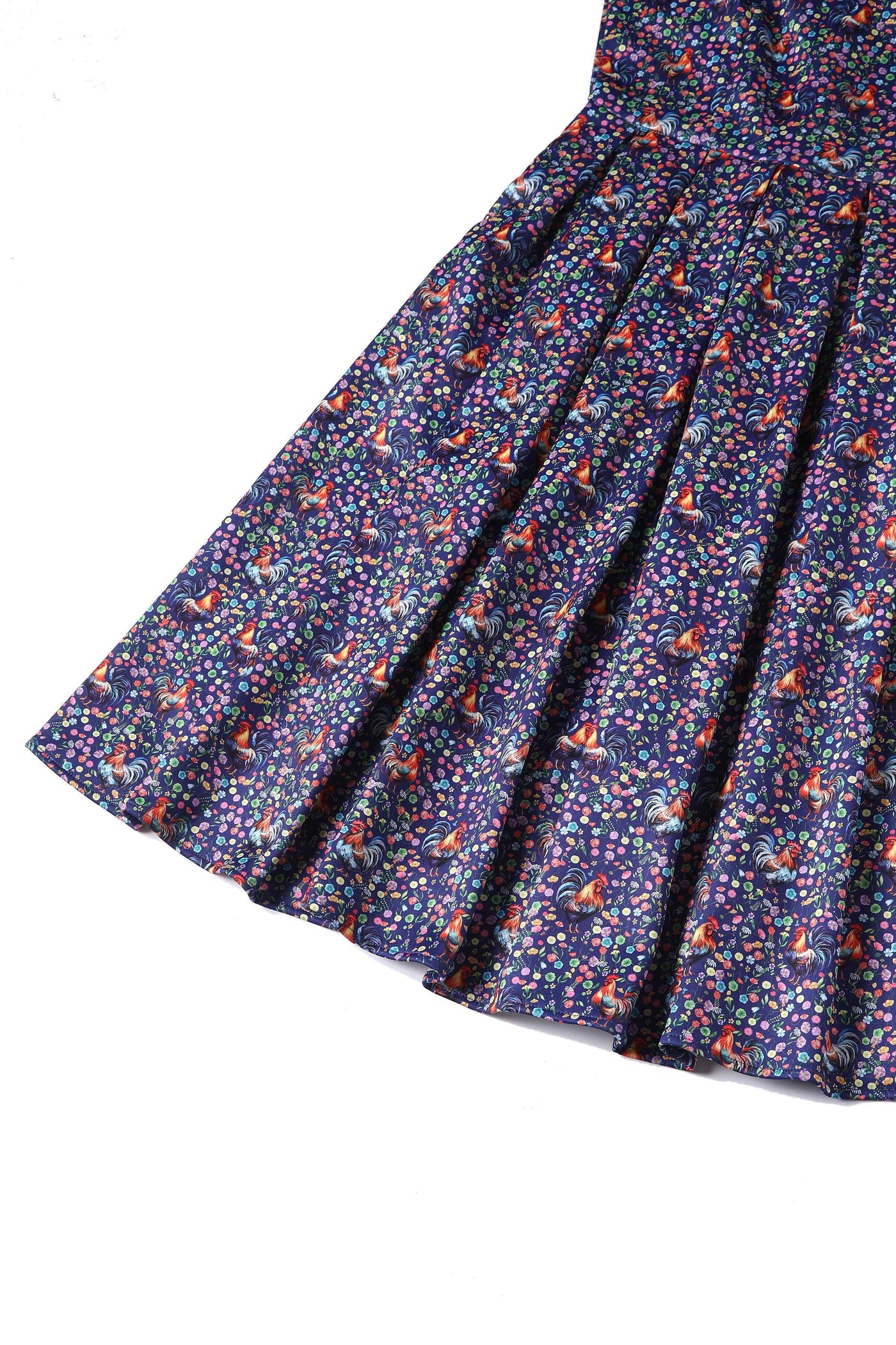 Close up view of Flared Dress in Purple Floral Rooster Print