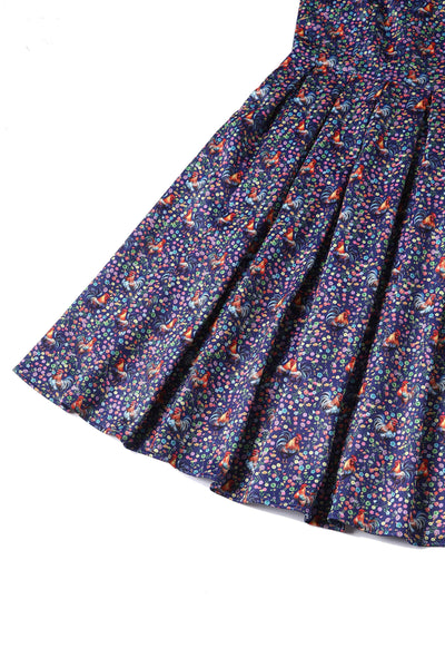 Close up view of Flared Dress in Purple Floral Rooster Print