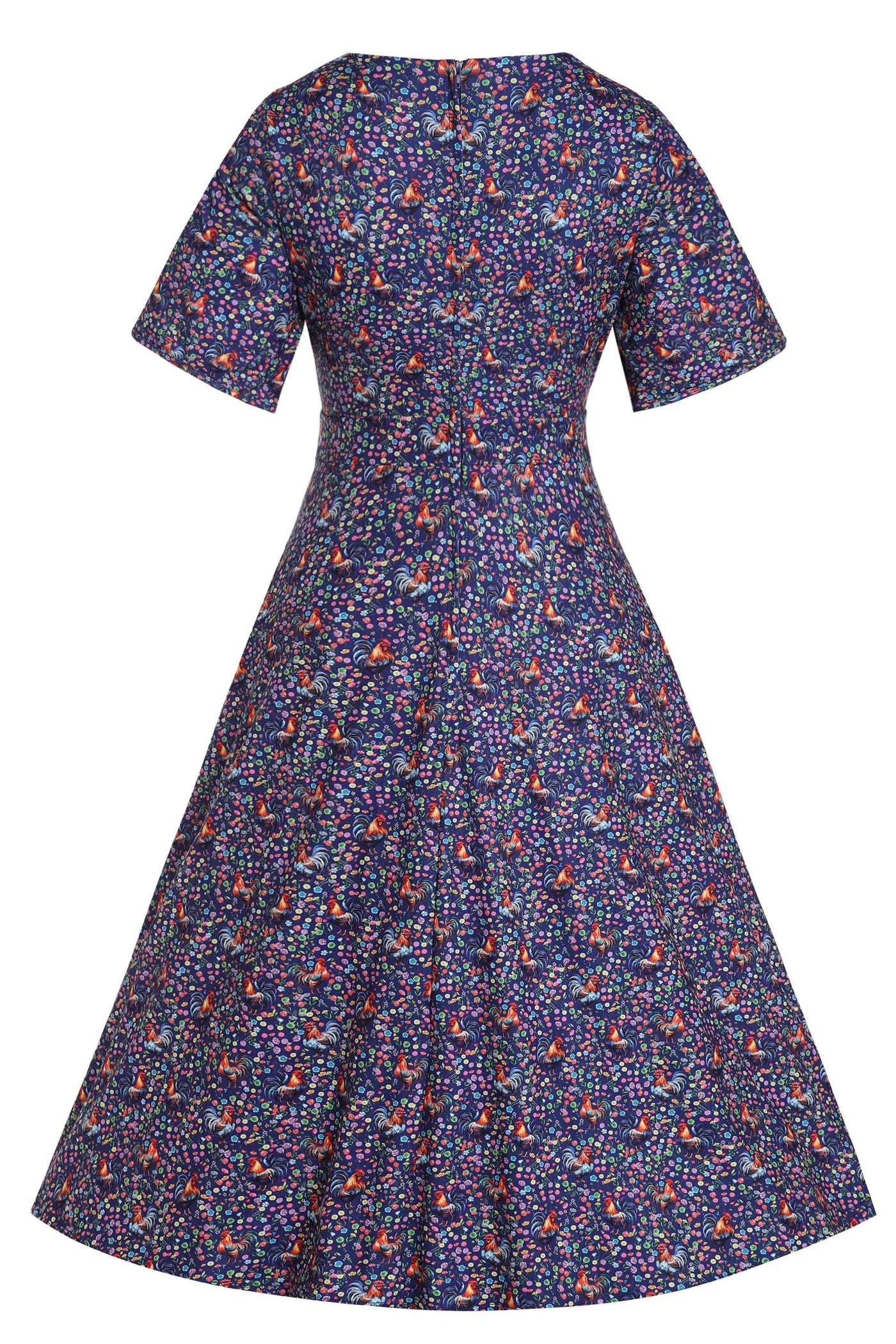 Short sleeved tea dress in purple rooster chicken and flowers print, back view