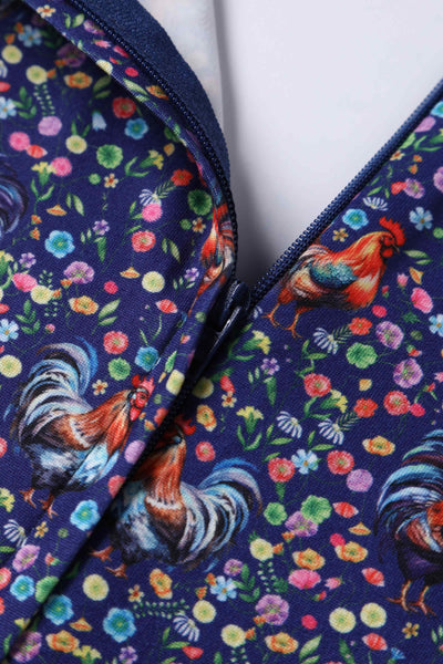 Purple fabric, with flowers and rooster chicken, zip view