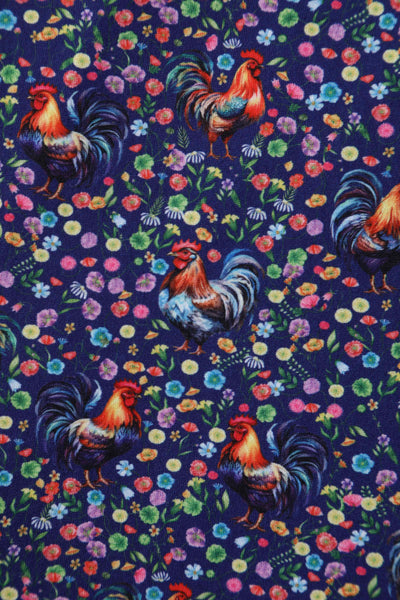 Purple fabric, with rooster chickens and flowers