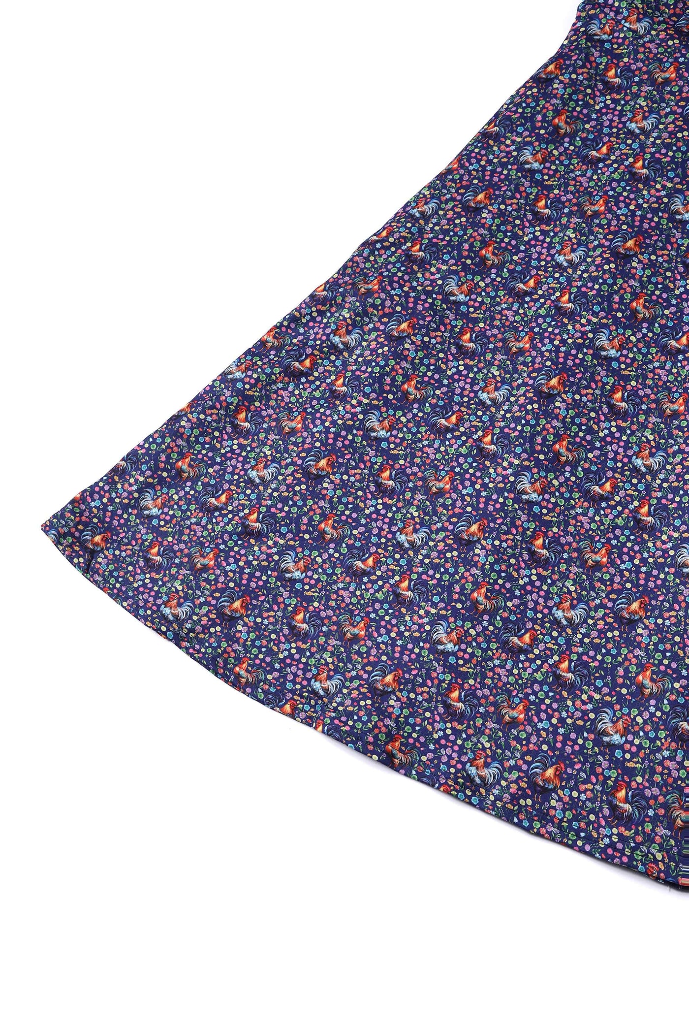 Short sleeved tea dress in purple rooster chicken and flowers print, skirt view