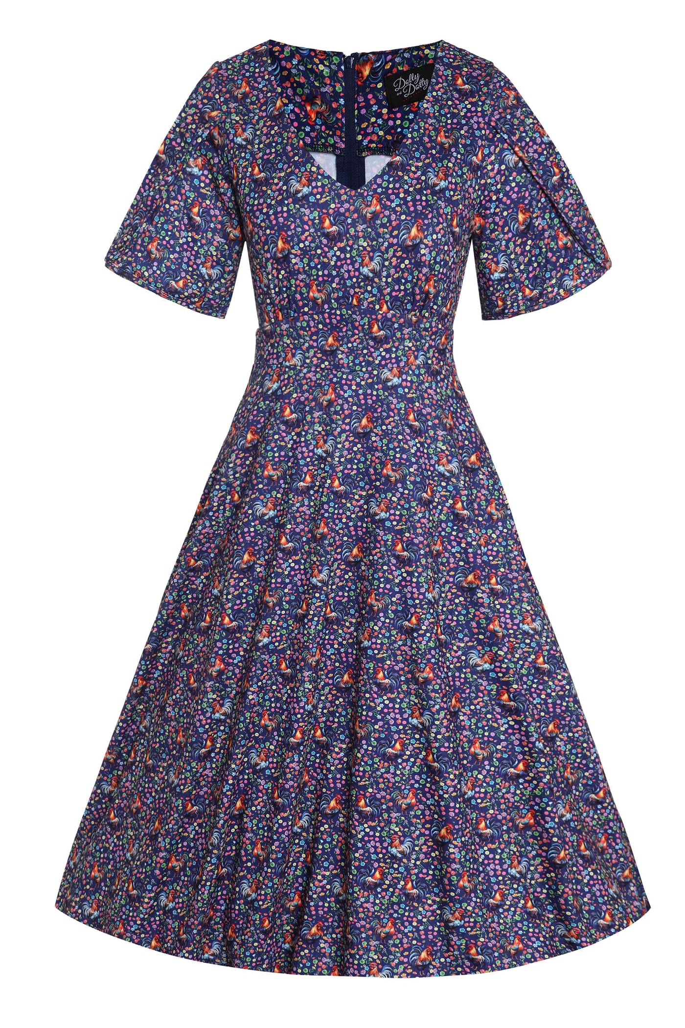 Janice Purple Sleeved Tea Dress in Rooster Floral Print