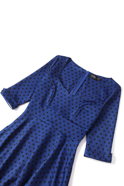 Royal Blue & Black Polka Dot Midi Dress